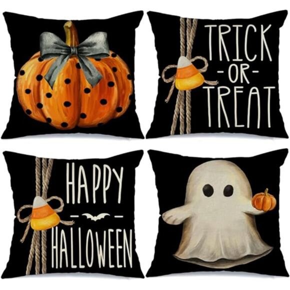 Set of 4 Halloween Pillow Covers 18x18 inch - Pumpkin & Ghost Trick or Treat Déc - Picture 2 of 7